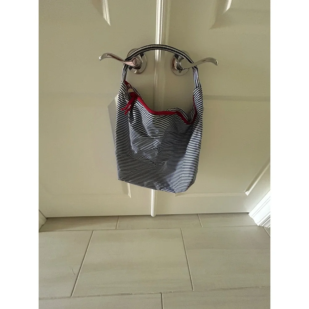 Lancome Paris Nautical Striped Hobo Bag Navy Blue White Red Zipper Tote